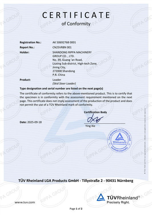 RIPPA's RS04 series skid steer loaders have obtained CE certification!